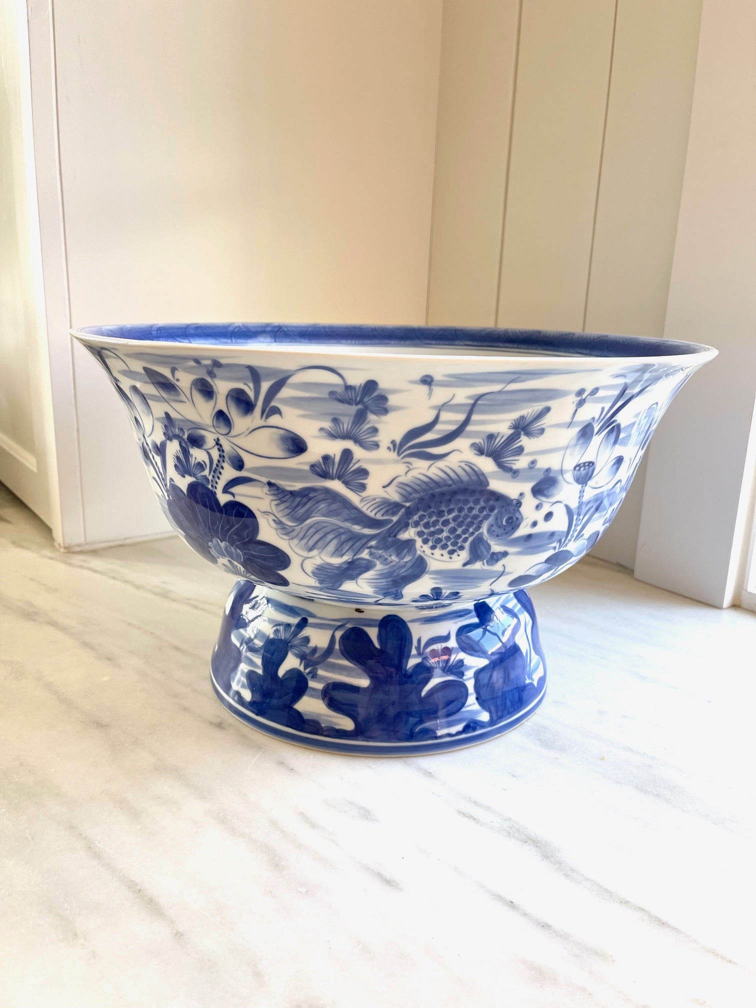 Large Blue & White Porcelain Footed Bowl