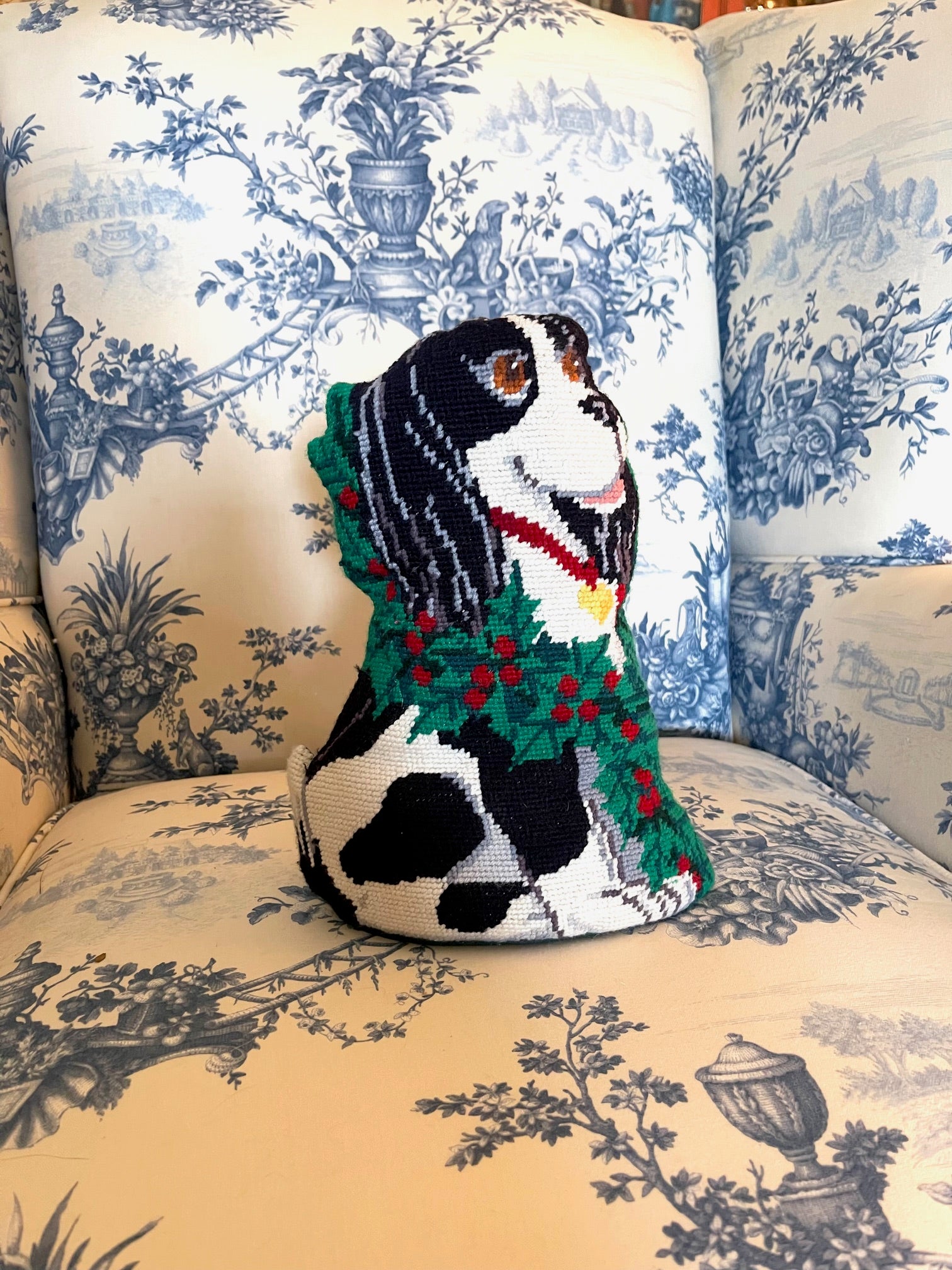 Vintage Christmas Needlepoint King Charles Spaniel Pillow