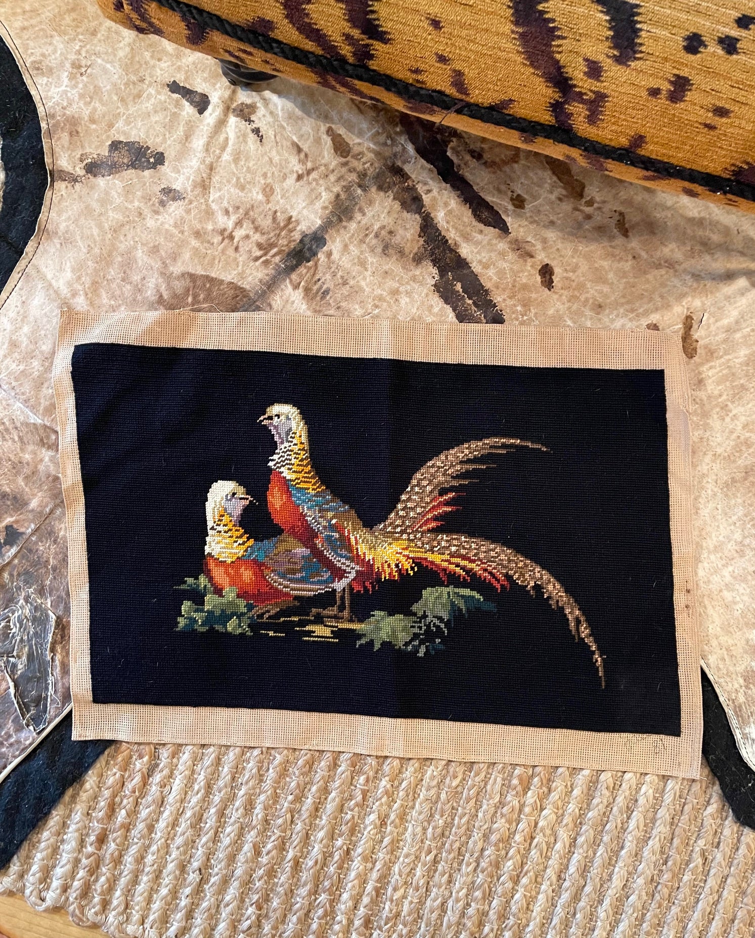 Vintage Hand-Stitched Golden Pheasant Needlepoint Tapestry