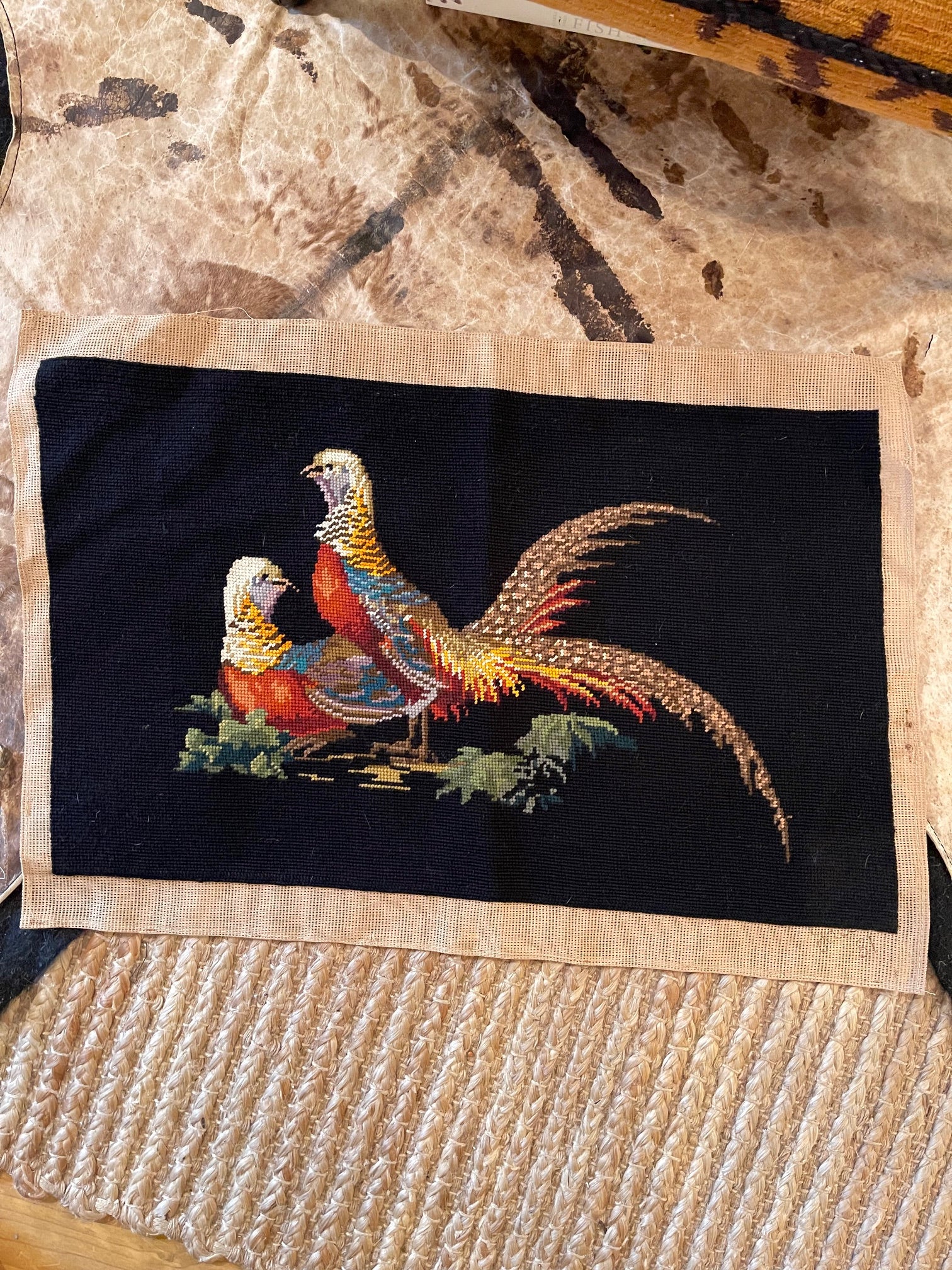 Vintage Hand-Stitched Golden Pheasant Needlepoint Tapestry
