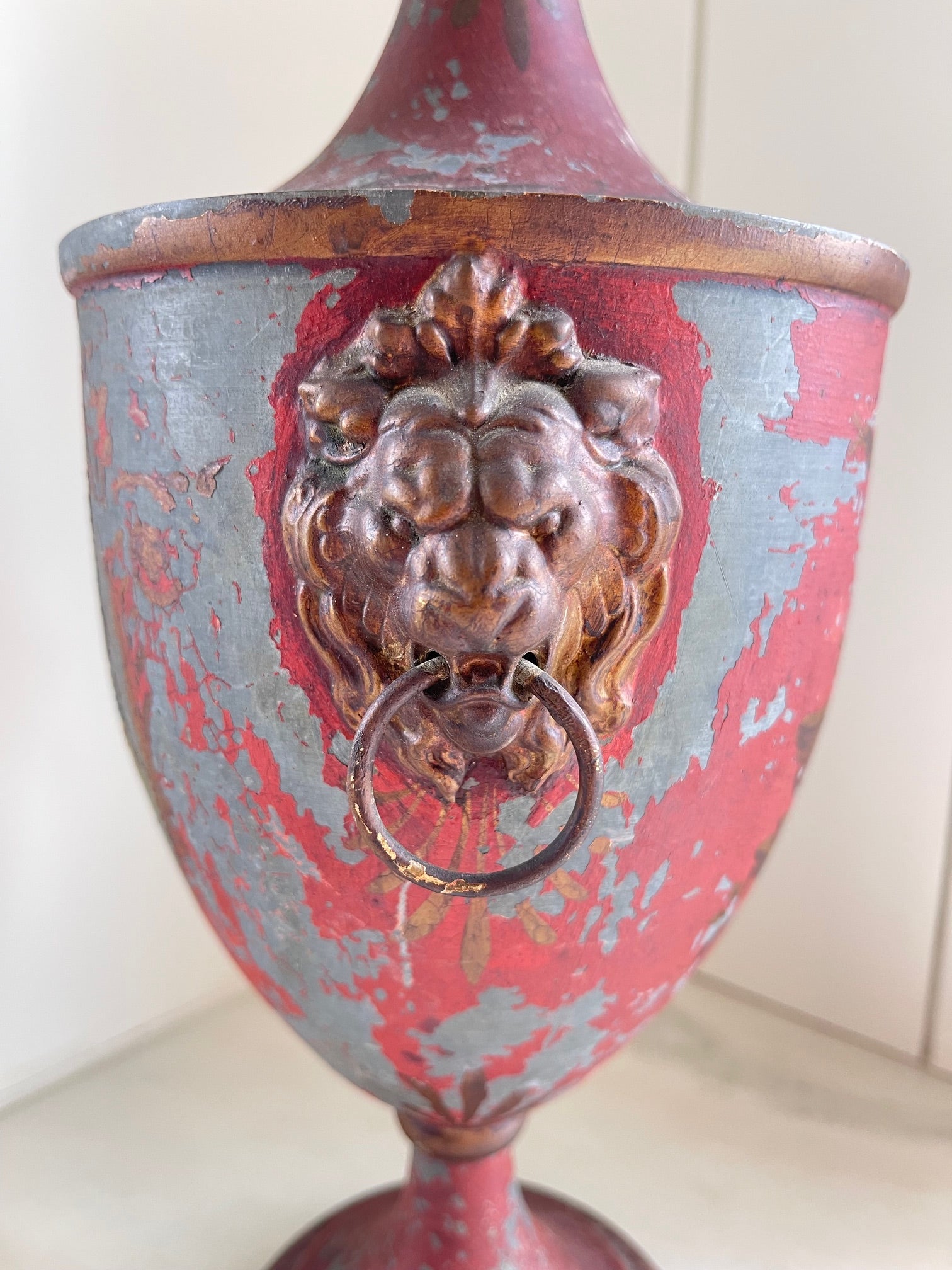 Antique Hand Painted French Tole Lidded Urn