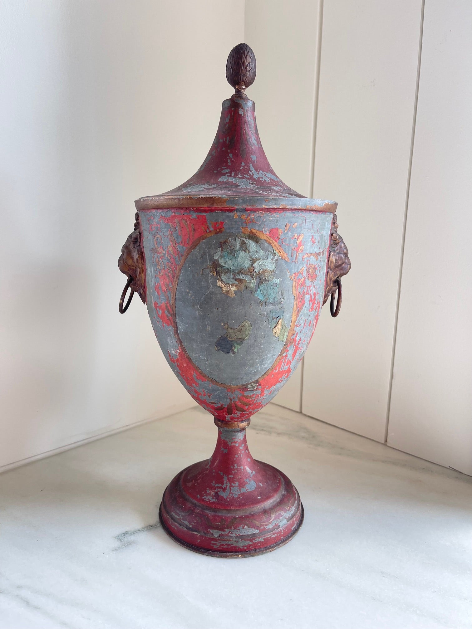 Antique Hand Painted French Tole Lidded Urn