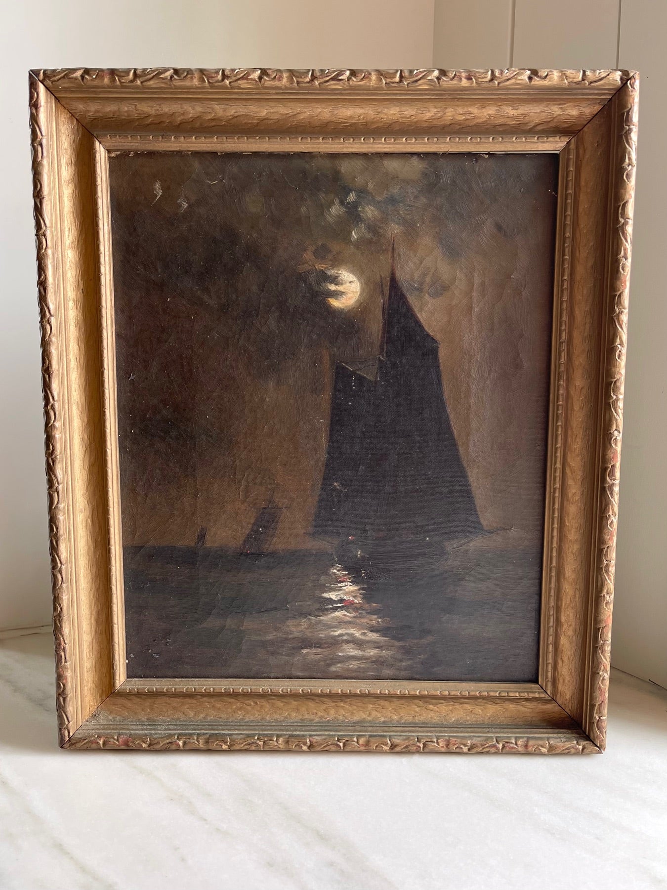 Moonlight Sailing Scene-19th century Oil on Canvas