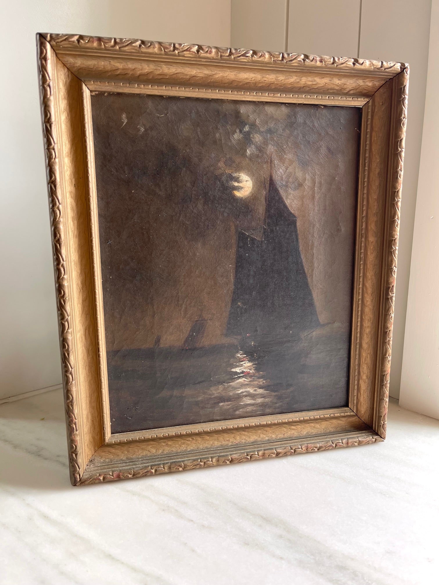 Moonlight Sailing Scene-19th century Oil on Canvas