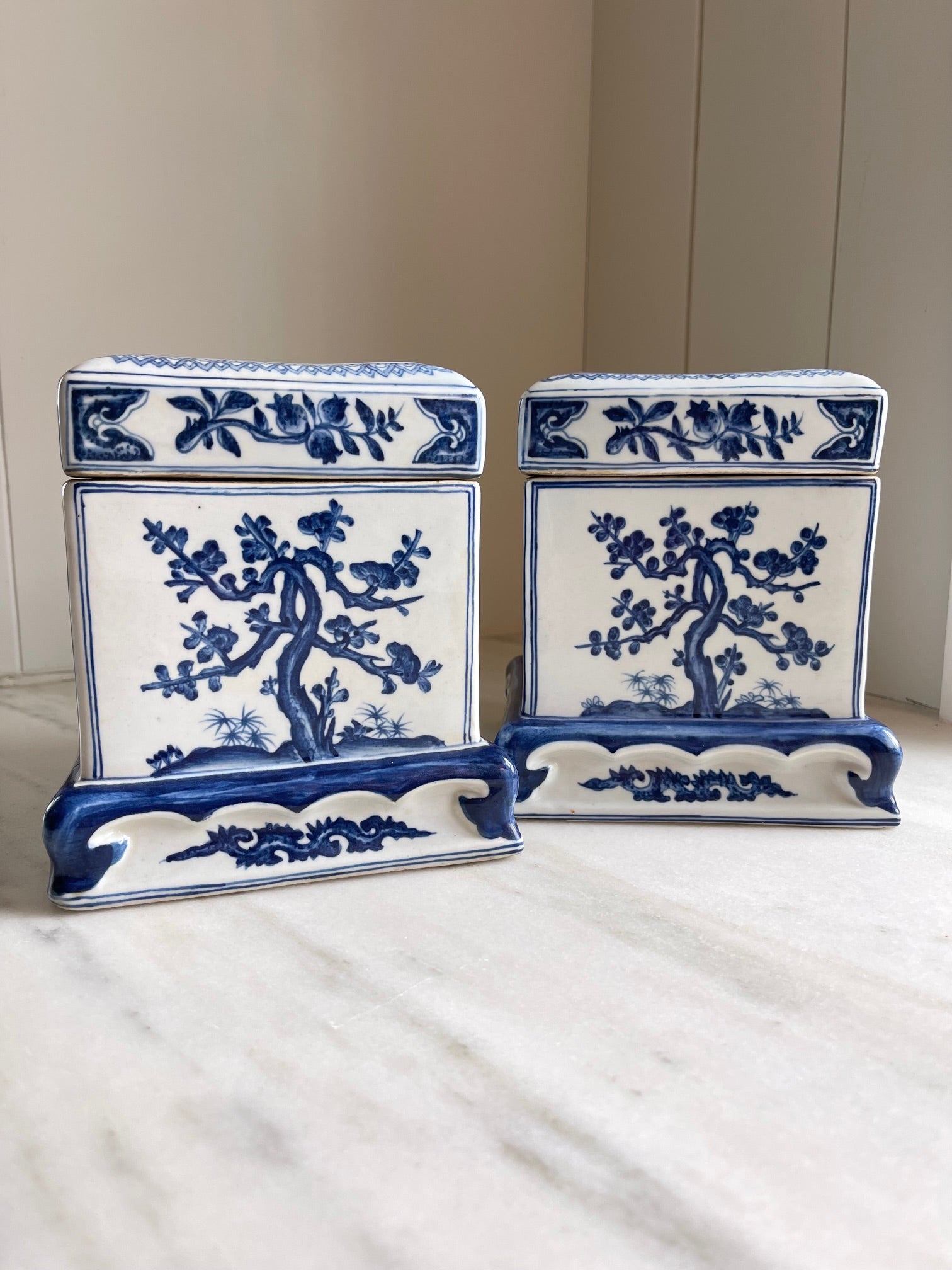 Pair of Vintage Blue & White Gump's Chinese Porcelain Tea Caddies