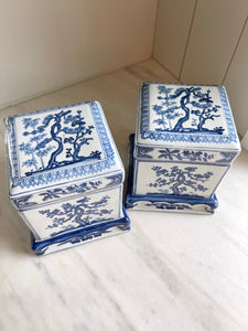 Pair of Vintage Blue & White Gump's Chinese Porcelain Tea Caddies