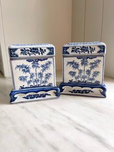 Pair of Vintage Blue & White Gump's Chinese Porcelain Tea Caddies