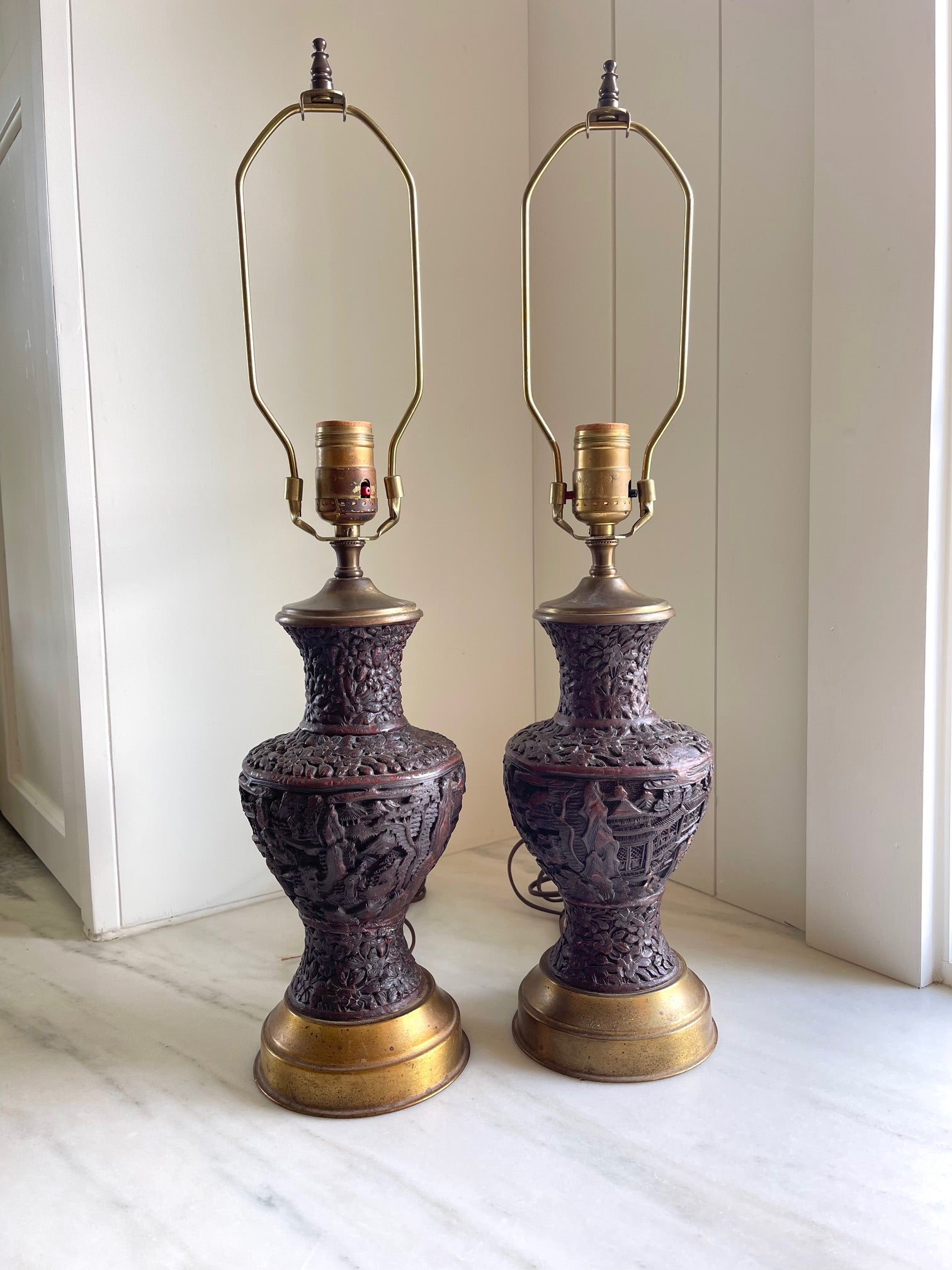 Vintage Carved Cinnabar-Style Lamp Pair
