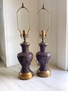 Vintage Carved Cinnabar-Style Lamp Pair