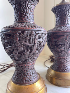 Vintage Carved Cinnabar-Style Lamp Pair