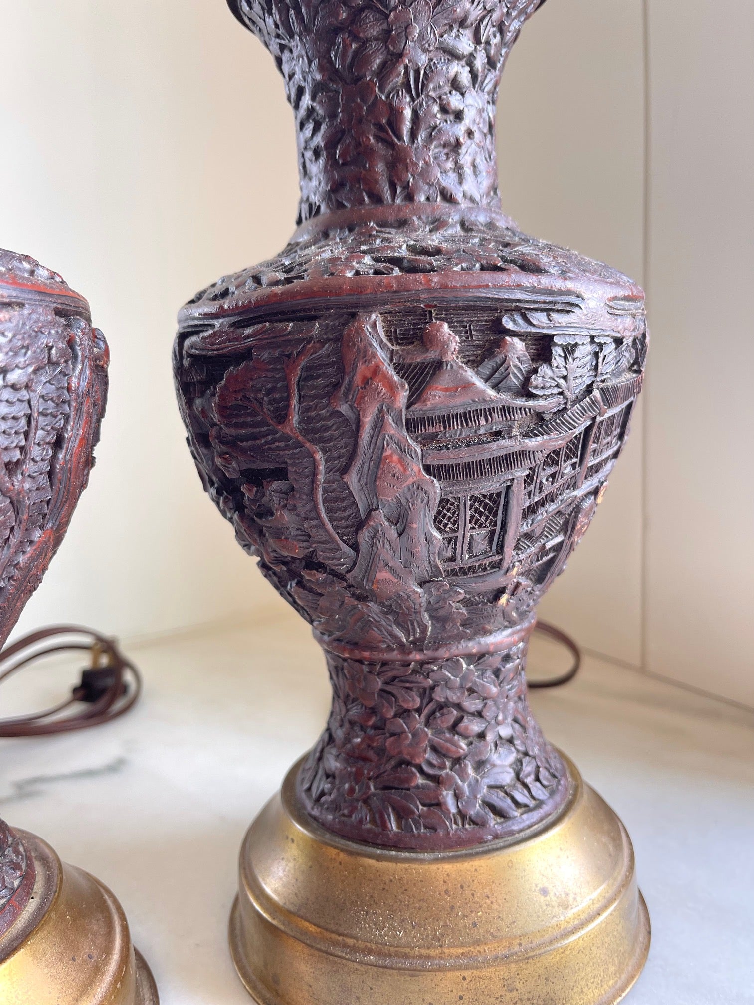 Vintage Carved Cinnabar-Style Lamp Pair