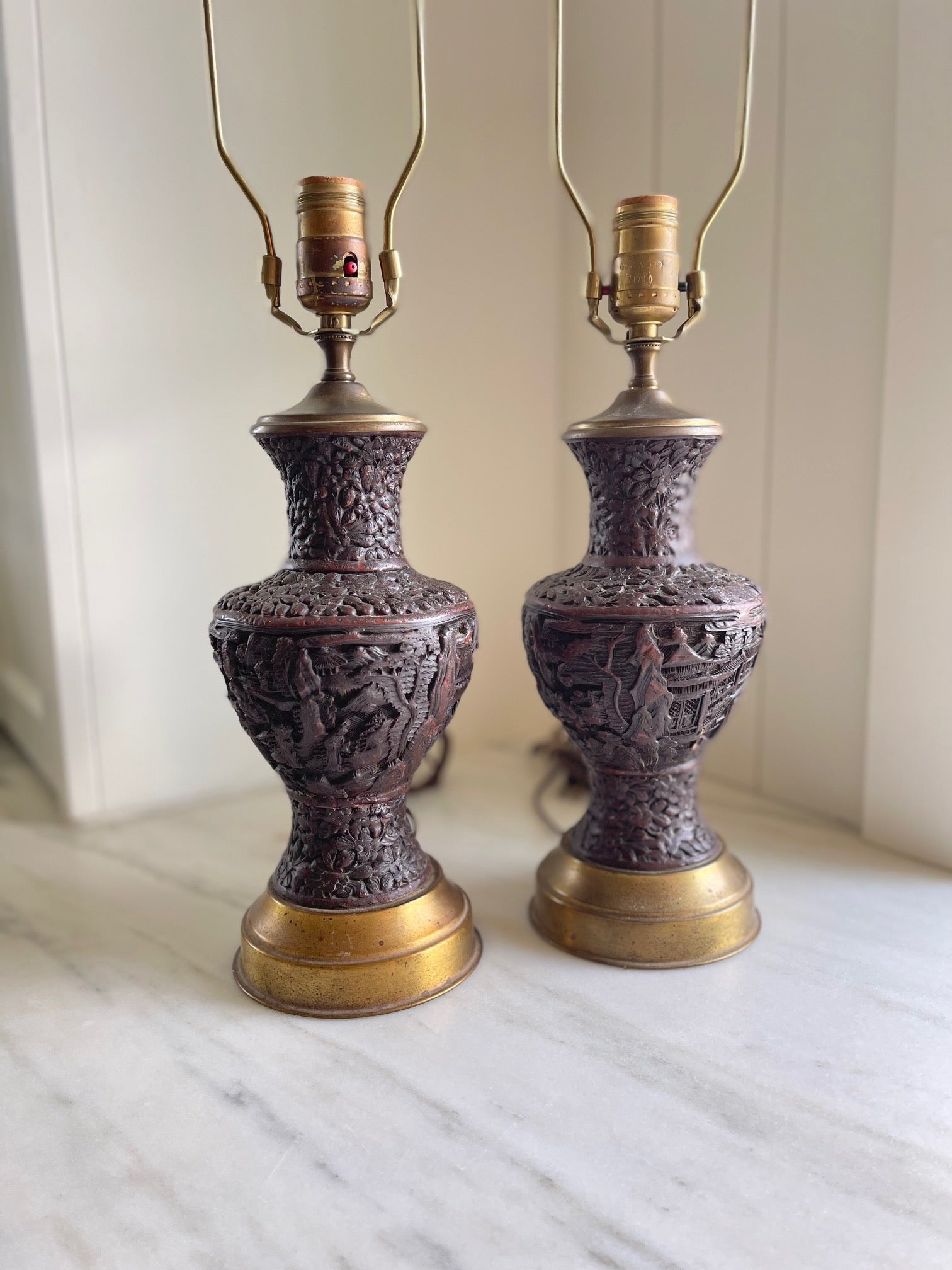 Vintage Carved Cinnabar-Style Lamp Pair