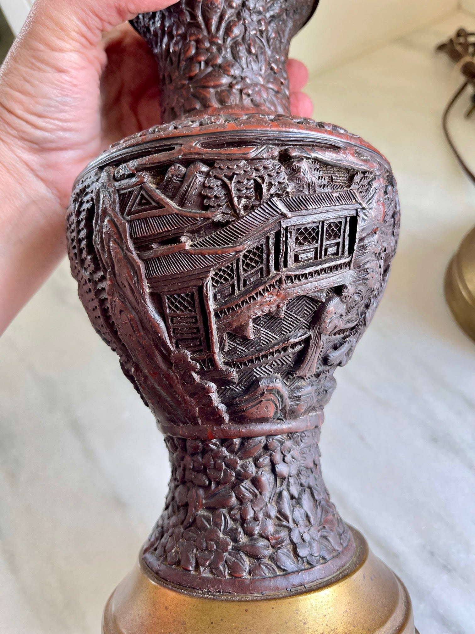 Vintage Carved Cinnabar-Style Lamp Pair