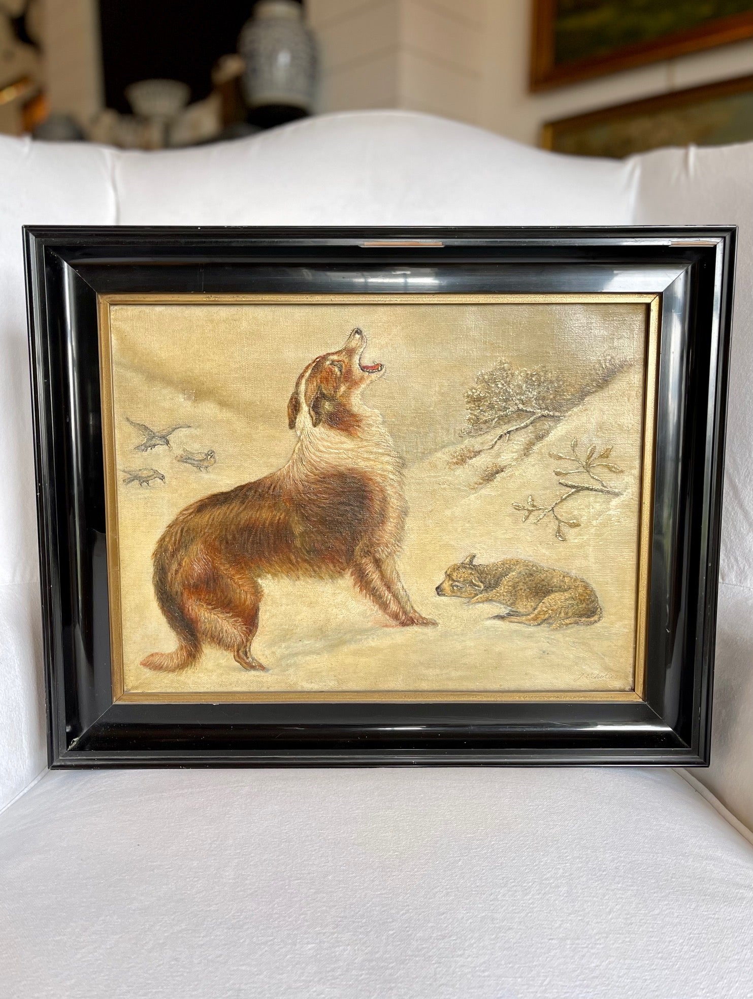 Antique Guardian Dog & Lamb Oil Painting