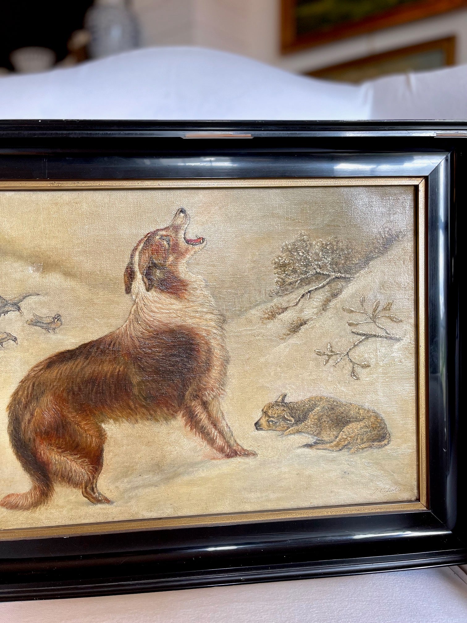 Antique Guardian Dog & Lamb Oil Painting