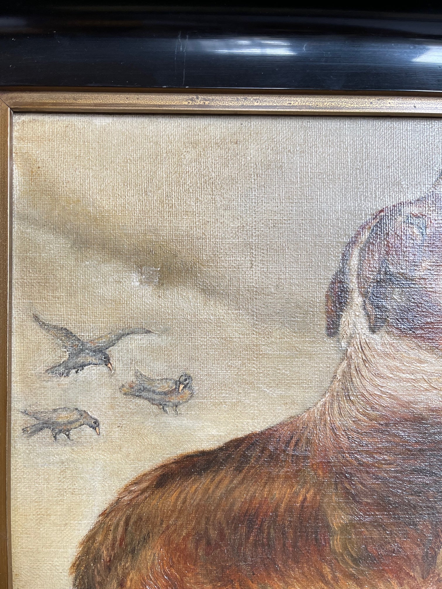 Antique Guardian Dog & Lamb Oil Painting
